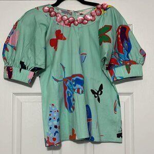 Sheridan French Lana Shirt Aqua Butterfly Sequin Shirt Size S EUC RARE $265 msrp